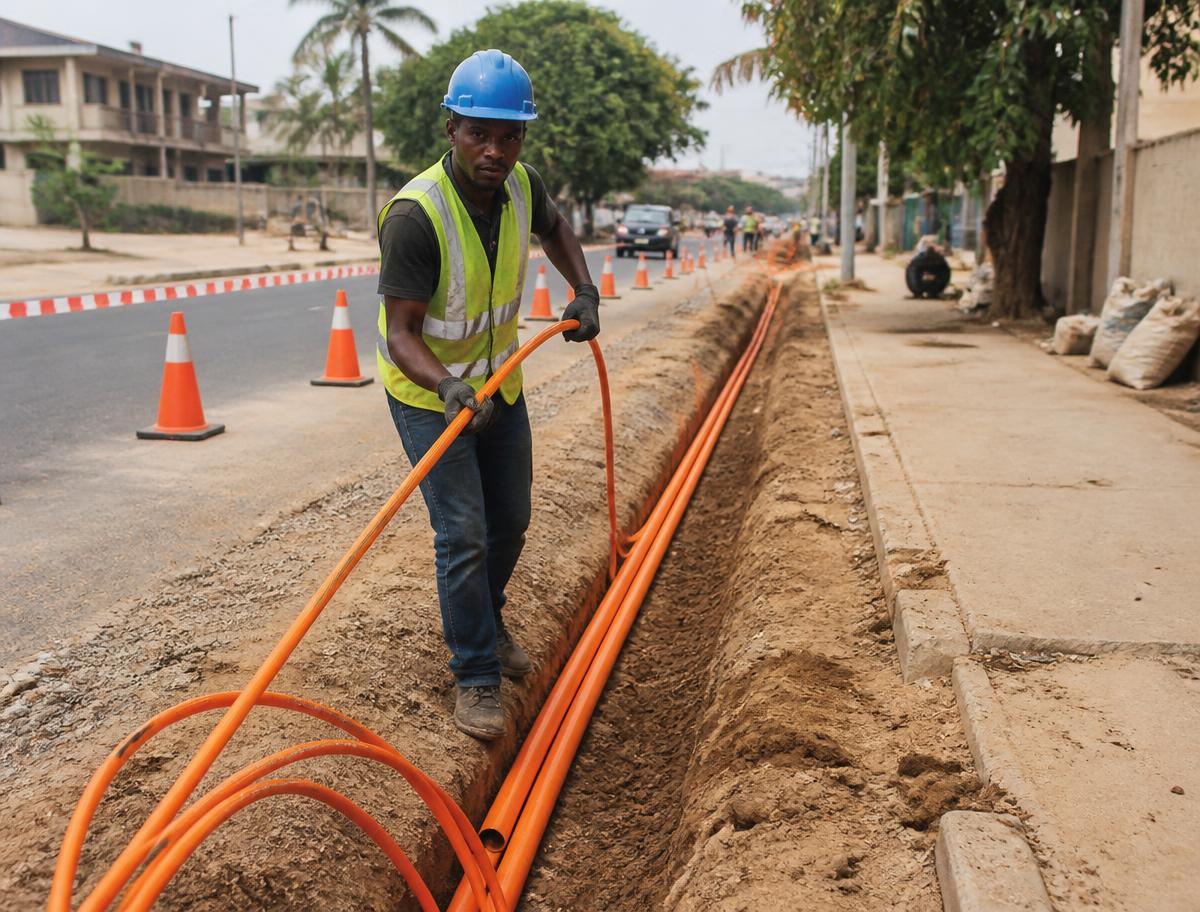 Ingénieurs CDS posant de la fibre optique souterraine dans une tranchée